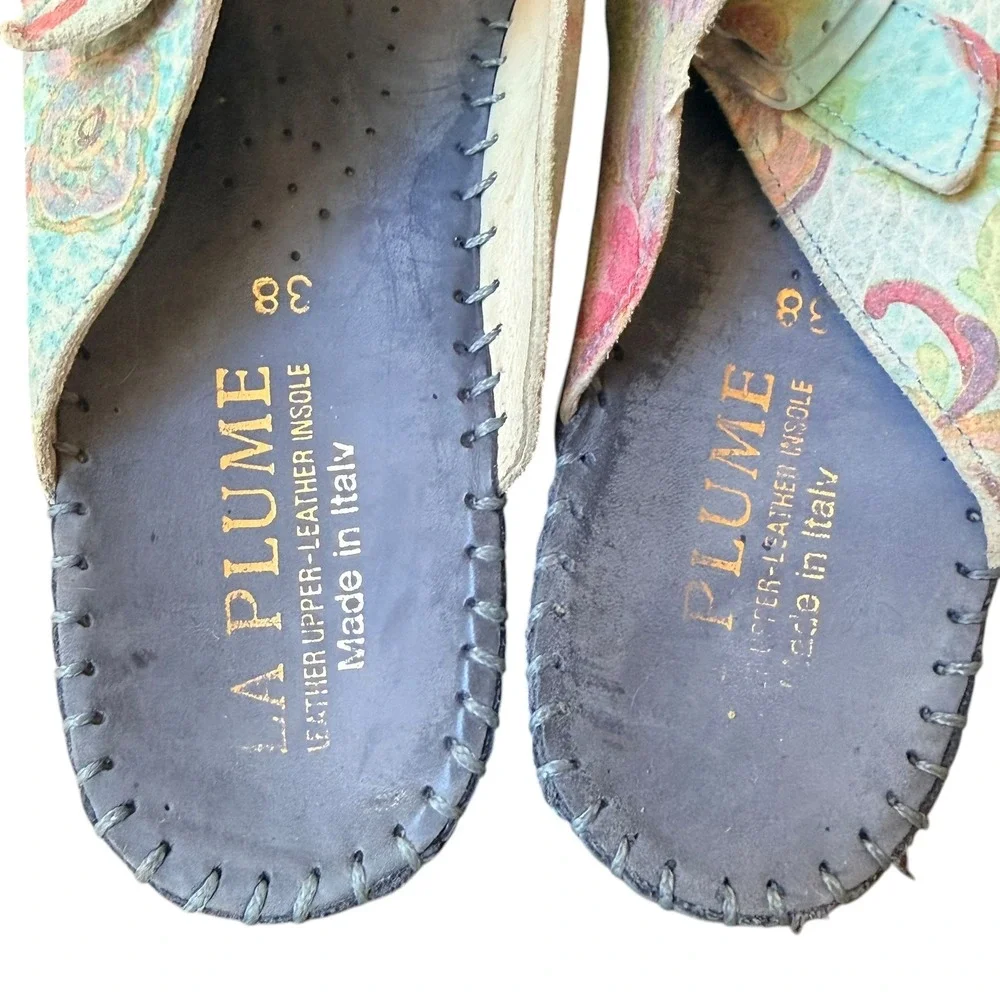 La Plume Sandals Women‎ US 7.5 Pastel Leather Floral Double Buckle Slides Italy